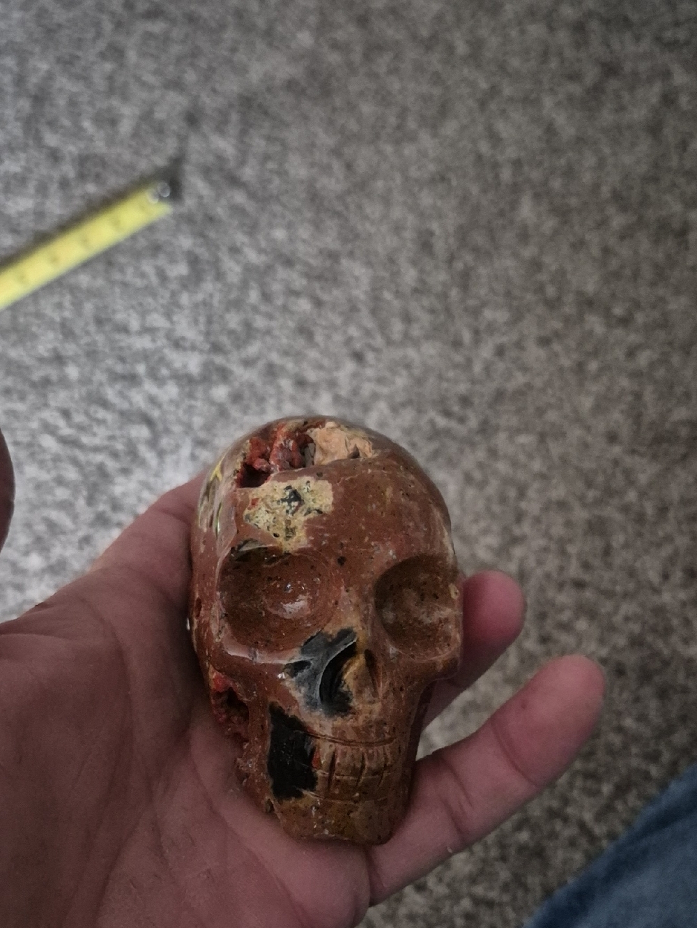 Handheld Decorative Stone Skull - Brown with Black Accents